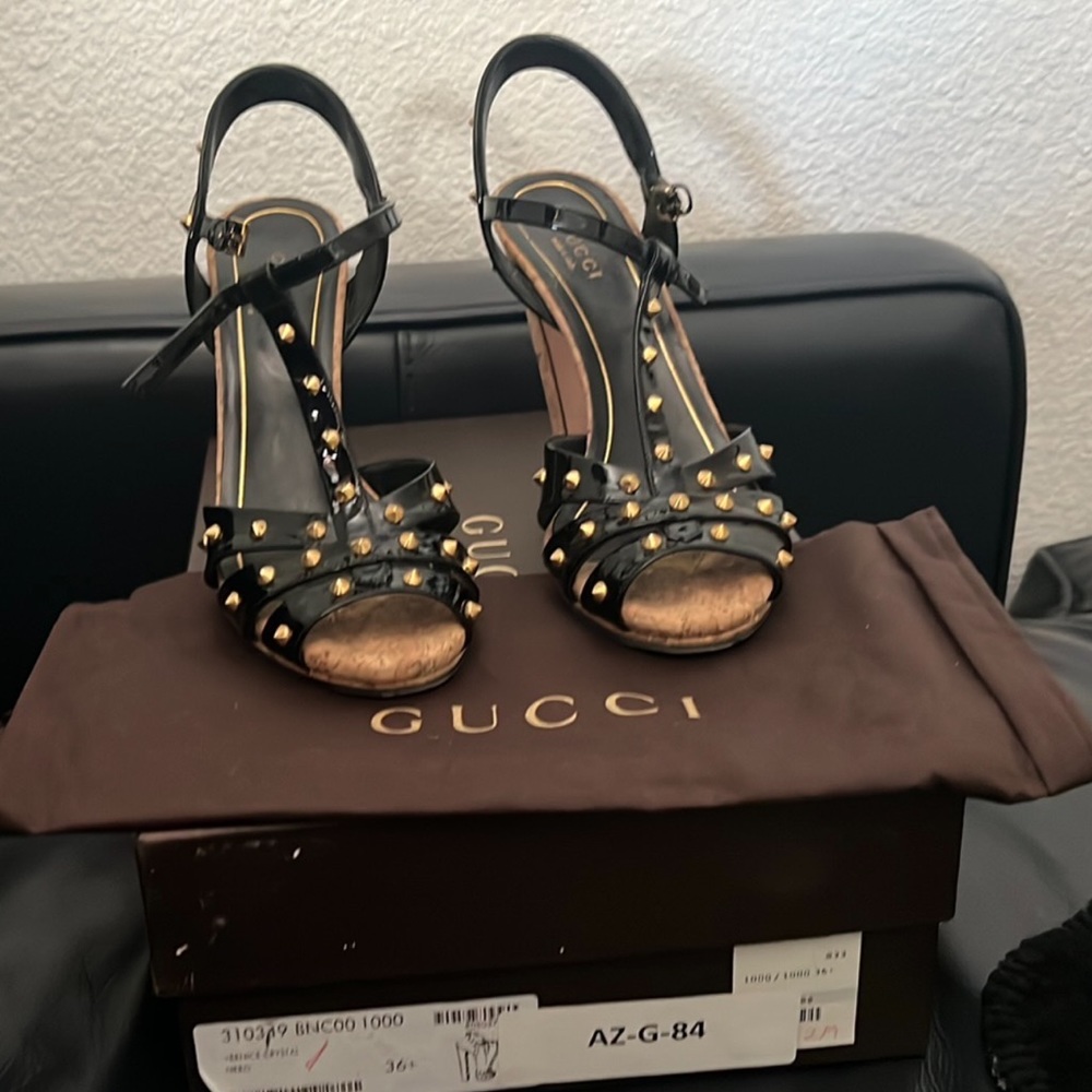 GUCCI Jacquelyn Patent Leather Stud Sandals, 36 1/2 IT